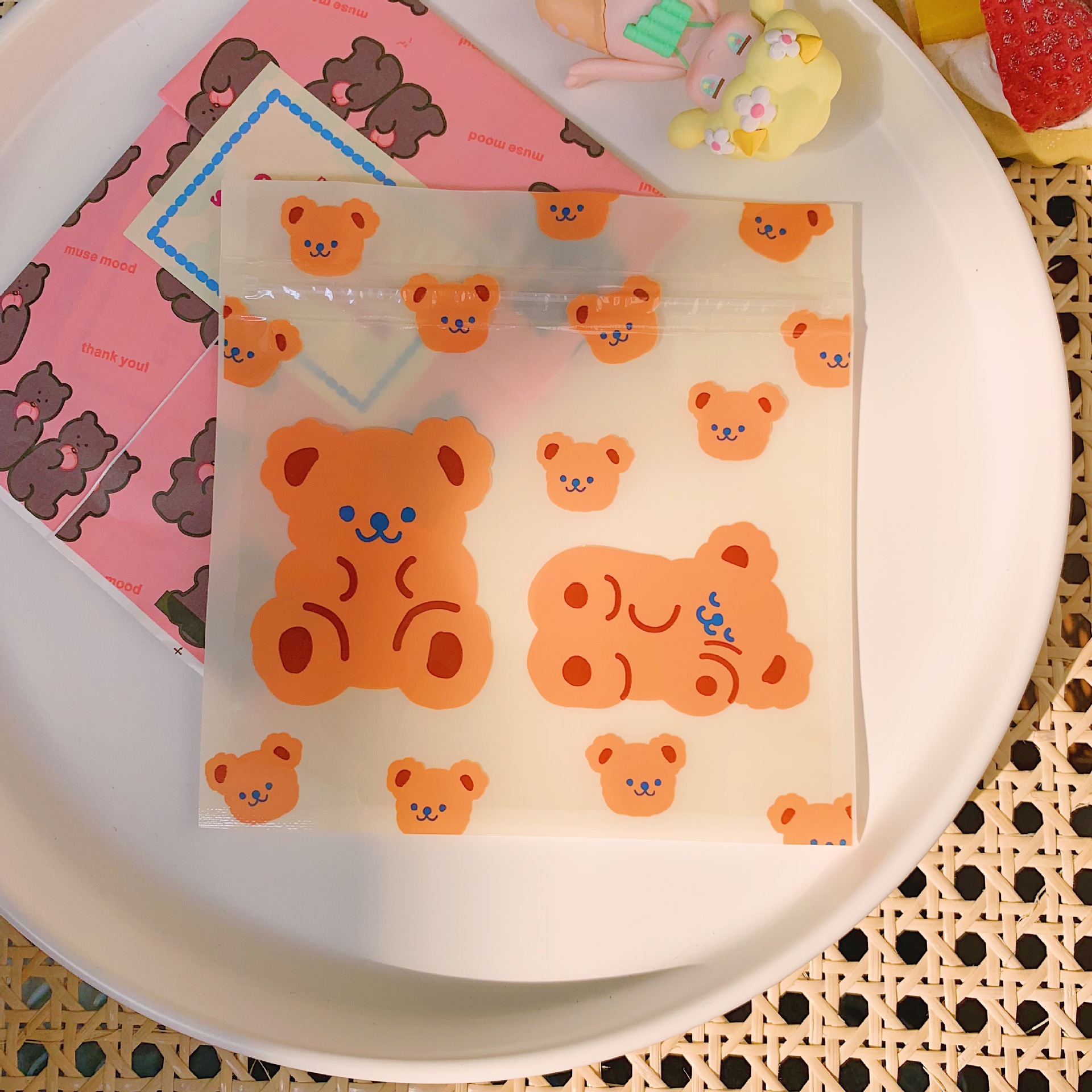 Original lindo snack ziplock bolsa sellada bolsa de dibujos animados oso galleta máscara de caramelo bolsa de almacenamiento de tamaño pequeño