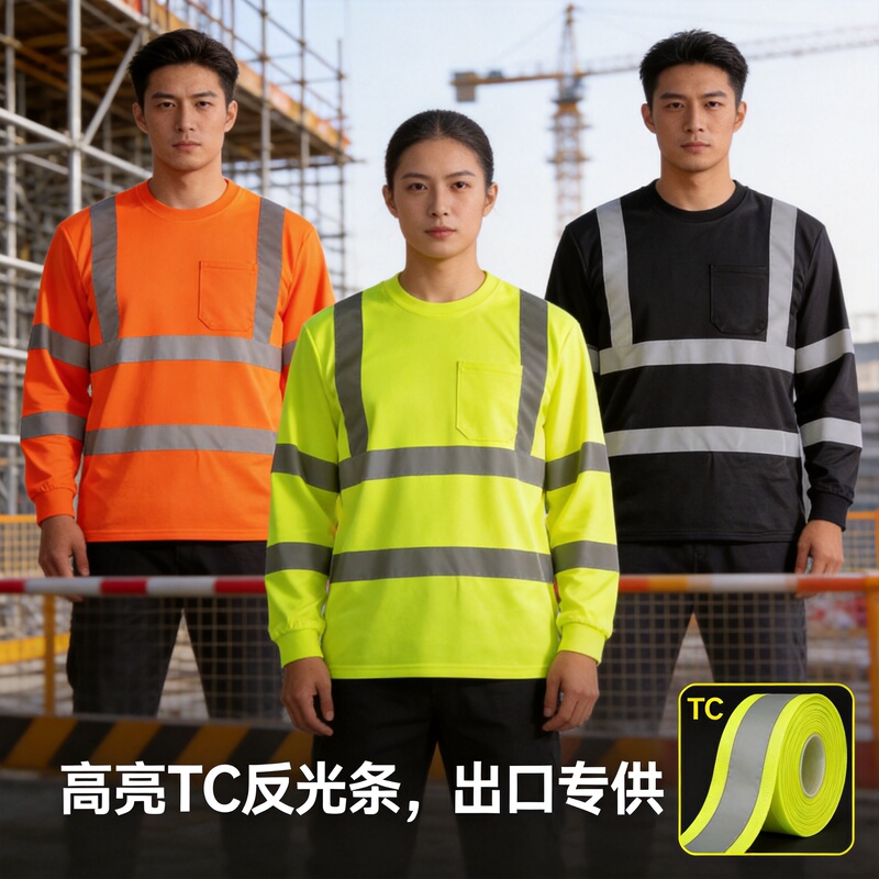 Cross-Border Export Reflective Clothing Long-Sleeved Round-Neck Reflective T-Shirt Quick-Drying Bird-Eye Workwear Construction Site Workwear Customization