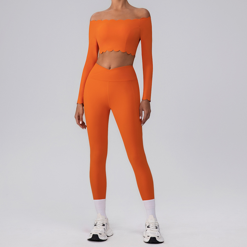 Europeos y estadounidenses un hombro trajes de yoga set top con cojín de pecho bra deportivo encaje pequeño hombro cortado mangas largas mujeres
