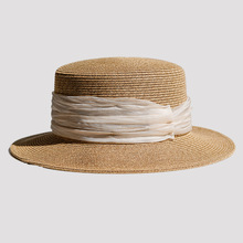 法式优雅平顶遮阳草帽女夏季出游海边防晒沙滩太阳帽英伦平沿礼帽