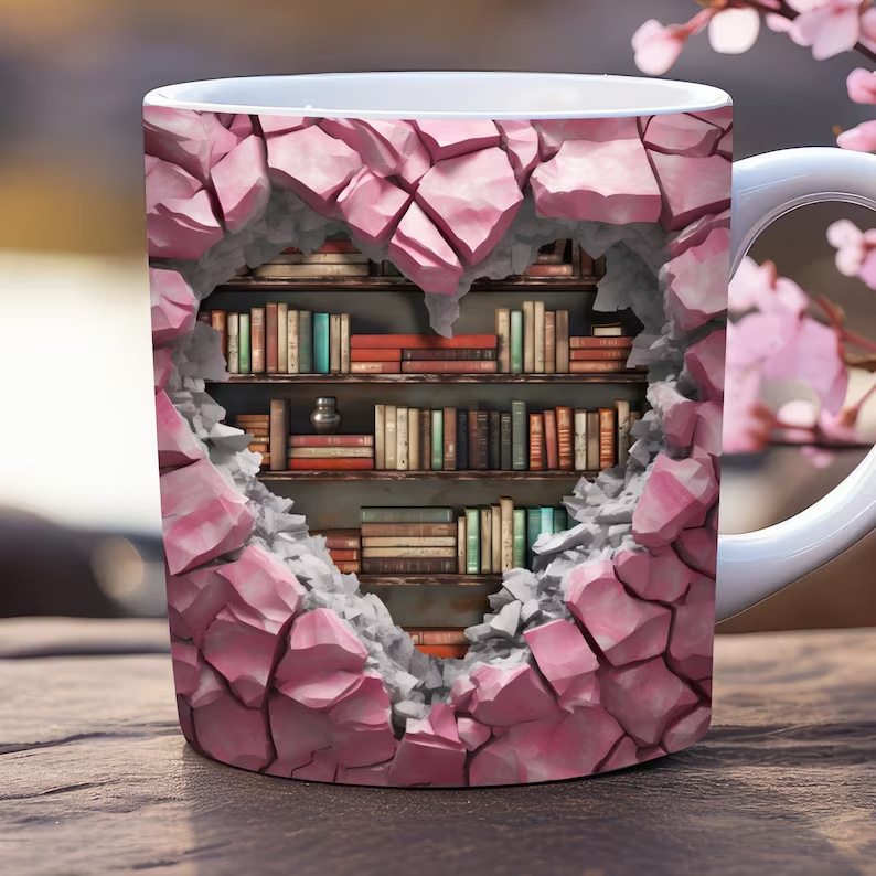 3D情人节Valentine陶瓷咖啡马克杯子水杯Bookshelf书架爱心Heart