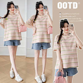 现货实拍2024夏季新款韩版条纹T恤宽松中长款孕妇上衣