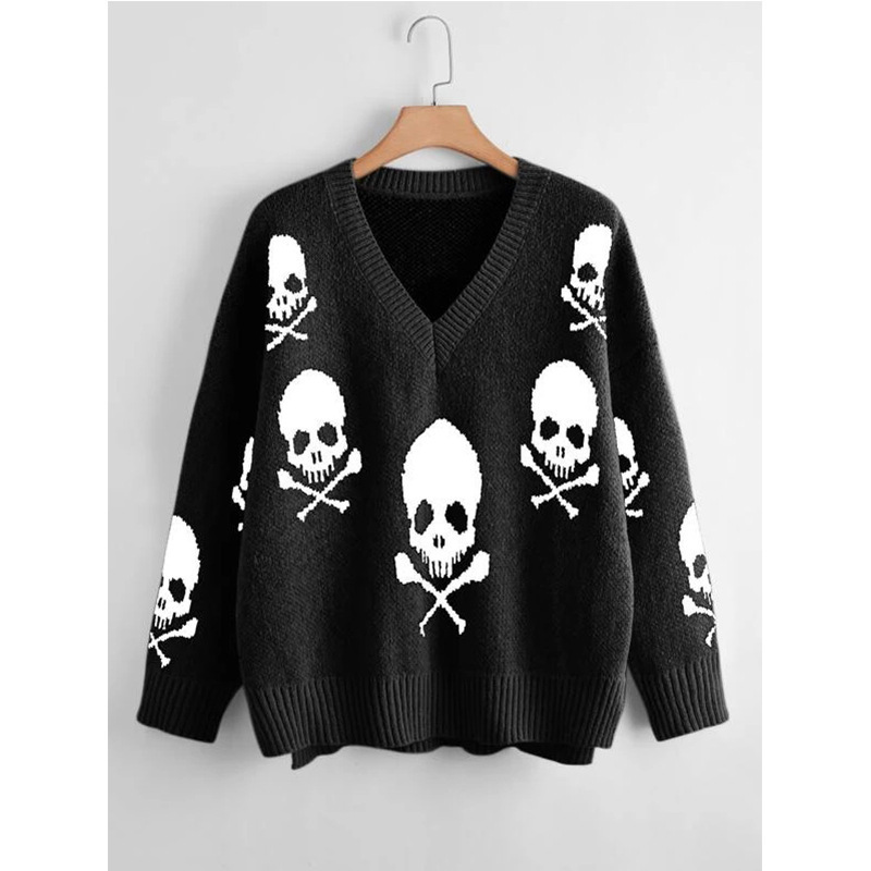 European and American Halloween Christmas Alien European and American Black Skull Street Winter Sweater Y2K Women's Sweater