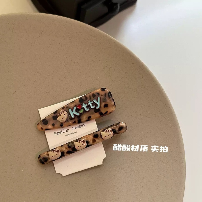 新款咖豹纹可爱卡通KT猫发夹侧边刘海夹额前碎发夹子醋酸鸭嘴夹女|undefined