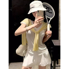 Tシャツベスト半袖コットンニットストライプ乳白ショール春夏薄手アウターベスト付き