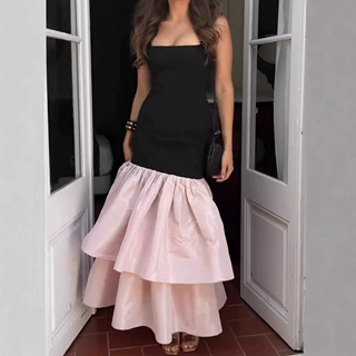欧美性感女装跨境亚马逊新款时尚抹胸拼色低腰百褶连衣裙