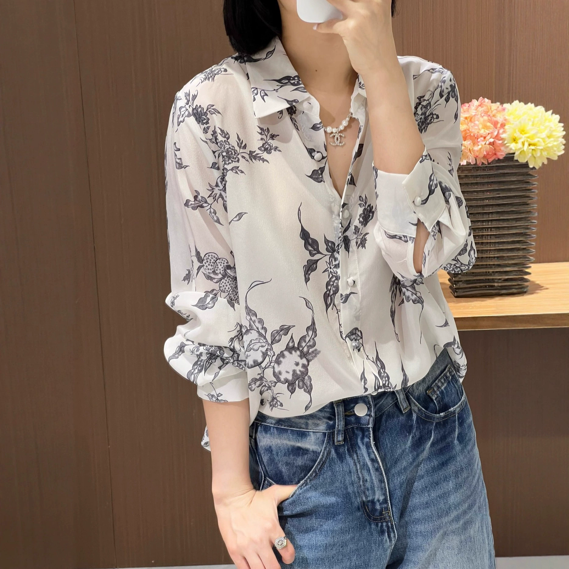 南油夏季新款复古渲染水墨印花真丝上衣简约复古百搭原创设计衬衣