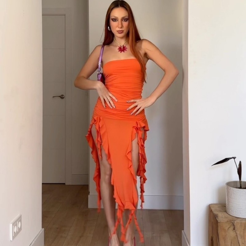 Wholesale Women's Sexy Lettuce Trim Solid Color Banquet Daily Bar Strapless Sleeveless Sheath Dress display picture 34