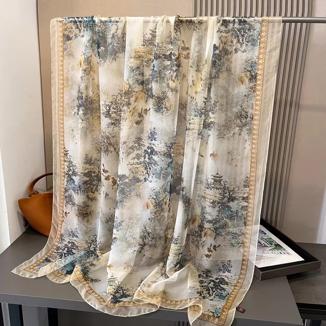 春と秋のシルクスカーフ女性用2026年新作大判ガーゼスカーフ、スタイリッシュでシンプル、多用途、おしゃれな日焼け止めショール、お母さんへのプレゼントに最適。