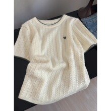 2025夏季撞色圆领针织短袖女爱心刺绣减龄T恤高级感内搭打底上衣