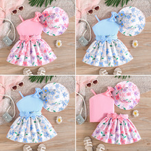 2026年欧美跨境女童斜肩吊带三件套 碎花蛋糕裙+同花色遮阳帽