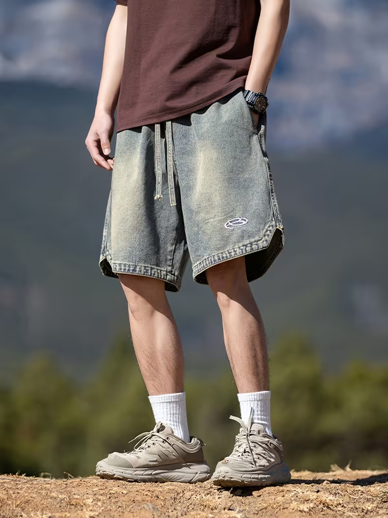 Men's Relaxed Fit Denim Shorts 5-Inch Inseam Drawstring Waist Casual Streetwear Summer Shorts Breathable Cotton Fabric_viptrois.com