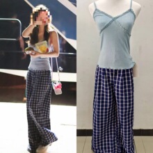 长期现货2025春赵露思明星同款格子宽松简约风休闲裤复古阔腿长裤