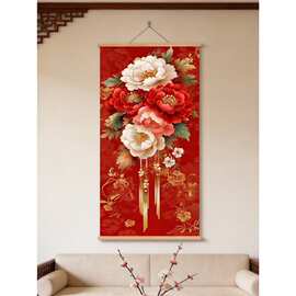 牡丹花装饰画玄关挂画入户正对门花开富贵卷轴画喜庆墙壁画装饰