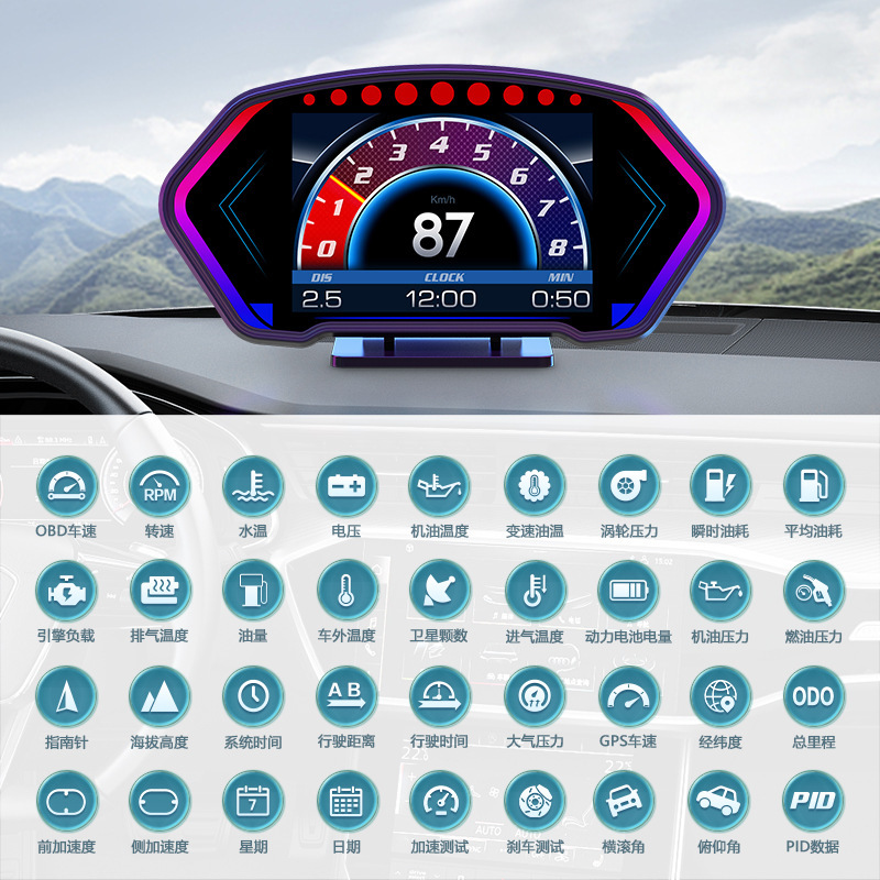 (2개) 웨이잉 P3 새로운 자동차 HUD 헤드 업 디스플레이 OBD GPS 슬로프 미터 속도계 다채로운 6 인치 LCD 화면
