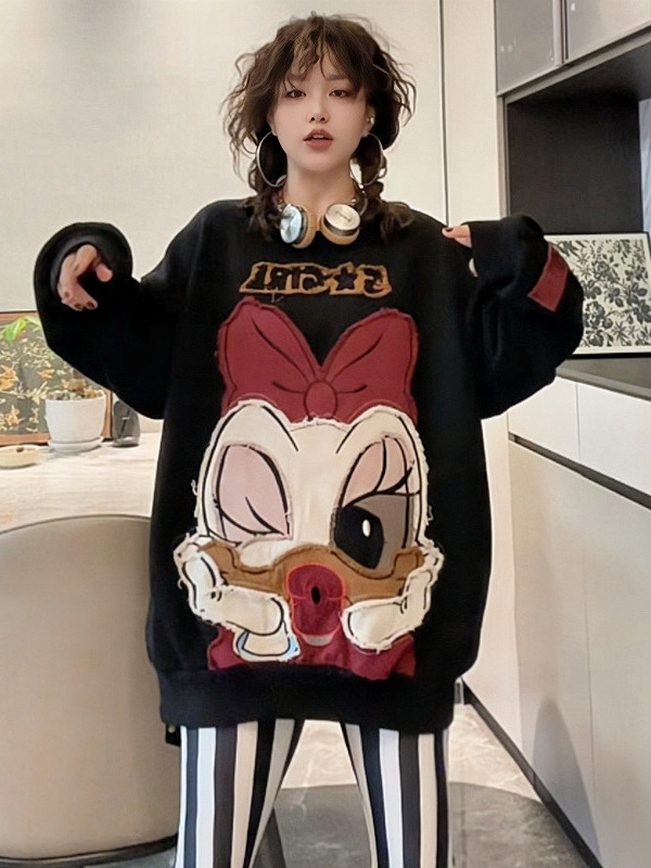 Productos europeos y camisa de terciopelo gruesa dibujos animados 2025 invierno nuevo estilo de bordado de moda media y larga suelta chaqueta de mujer en la cabeza image 1