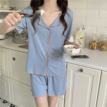 夏季冰丝螺纹少女学生纯色条纹套装甜美可爱睡衣女家居服跨境批发