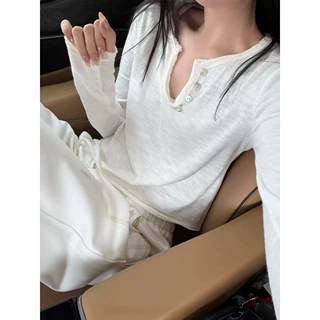 乔米STUDIO 云感呼吸 竹节棉宽松百搭V领长袖短款打底T恤上衣女秋