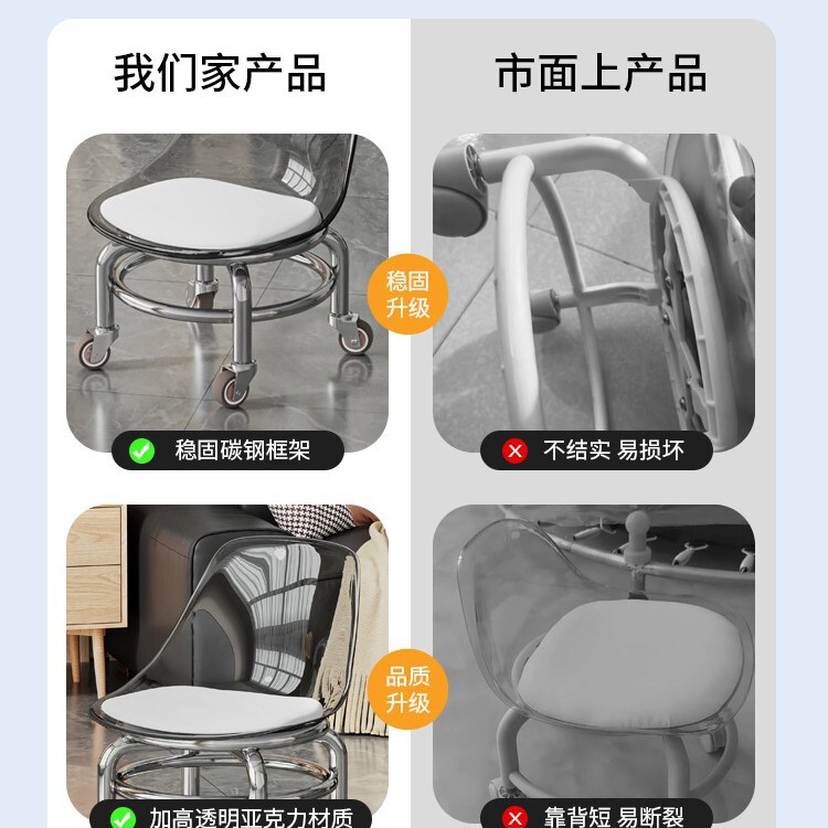 亚克力万向轮矮凳滑轮凳客厅静音滑轮移动凳子带万向轮小凳子矮凳|undefined