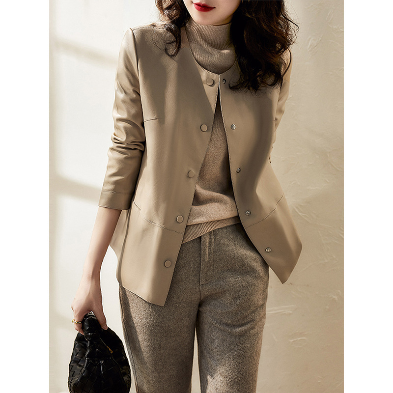 Round-Neck Simple and Stylish Sheepskin Jacket for Women, New Spring and Autumn Style, Elegant Commuter Genuine Leather Jacket | Direct from the Source Factory