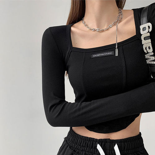Women's Sweet and Spicy Style Long-Sleeve T-Shirt with American Fishbone Noodle Collarbone Design Fitted Short-Sleeve Top