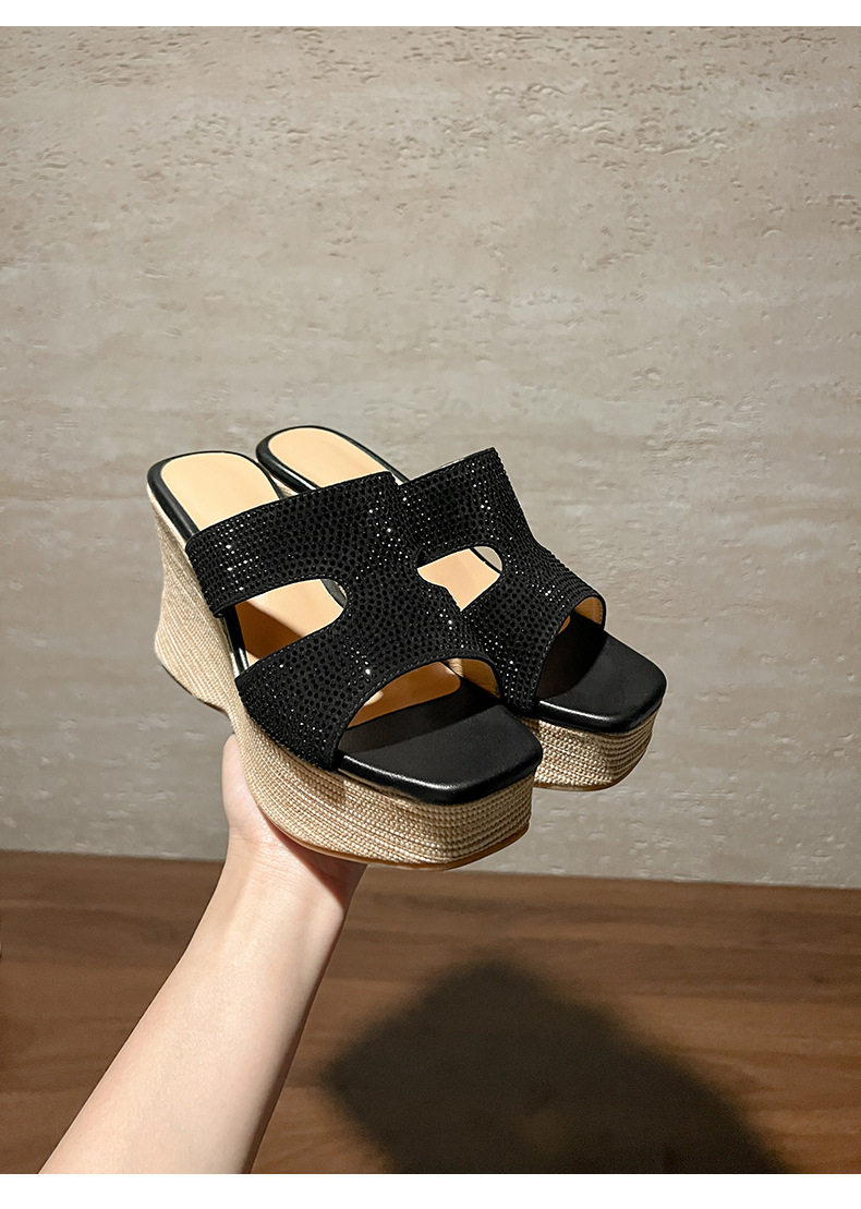 Sandal cao gót nữ đế xuồng đính đá quai ngang — màu đen, màu trắng ngà chi tiết 16
