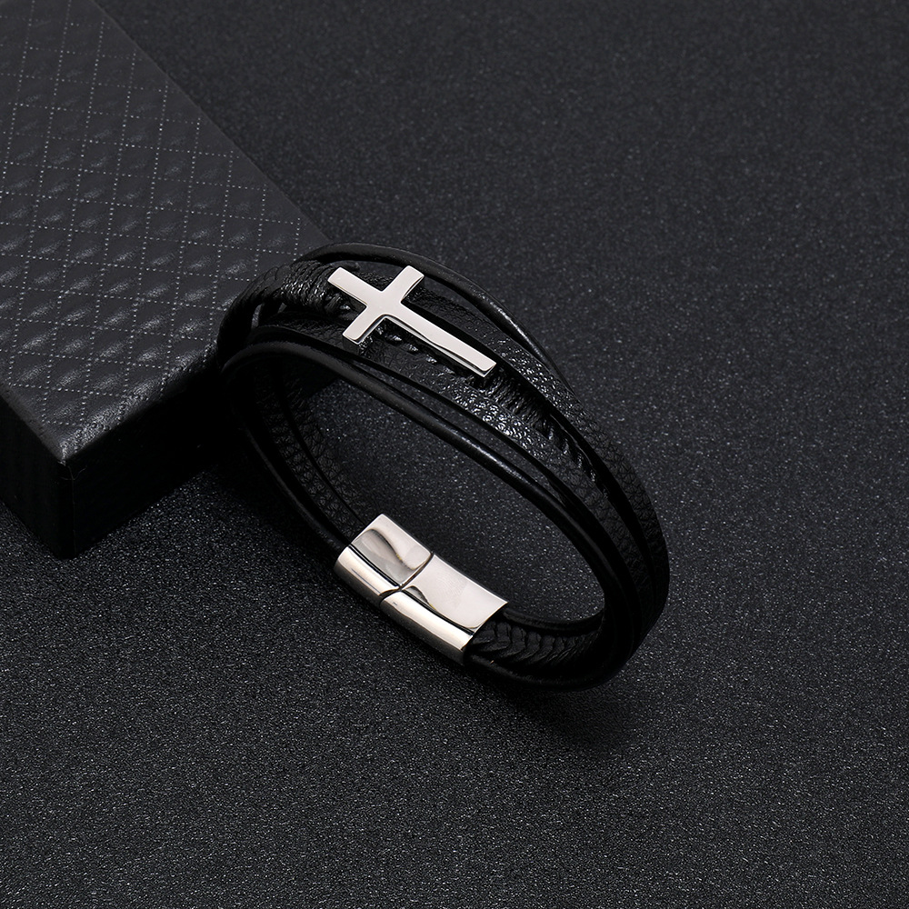 Multi Layer Leather Woven Bracelet Magnetic Buckle For Men_voghion.com
