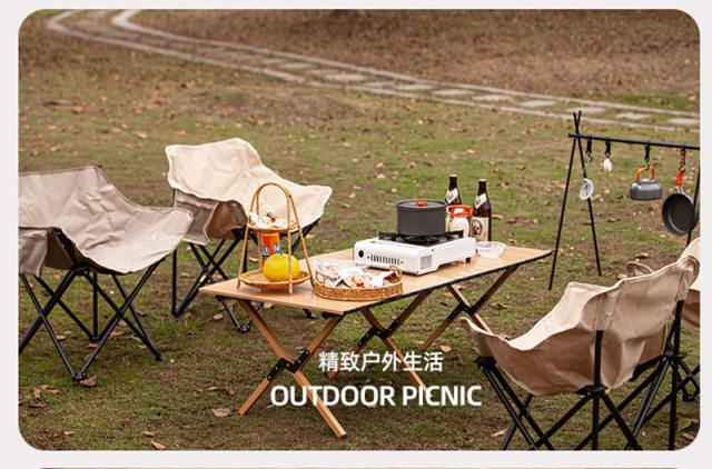 Chaise de table pliante en acier au carbone, table de plage portable,  chaise de camping en plein air, table à déjeuner en bois, touriste Mars,  rouleau