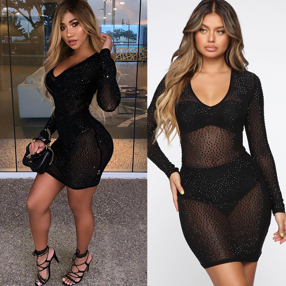 Rhinestone long sleeve v neck mesh tight-fitting dress NSWNY74474