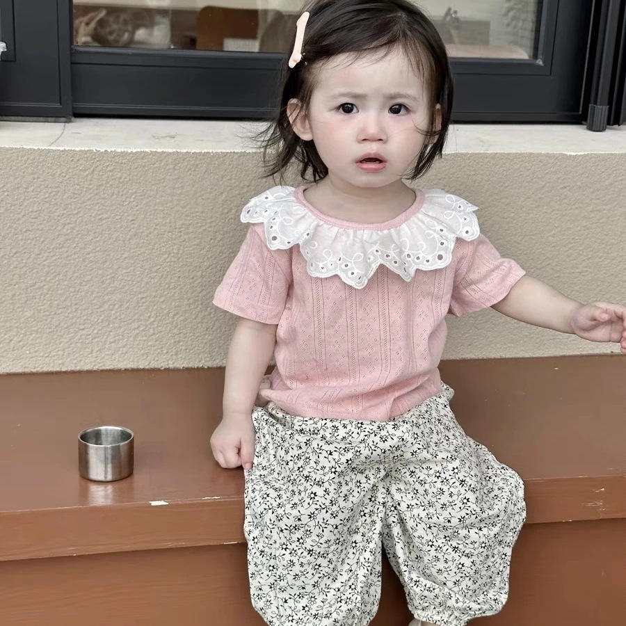 Ins Summer Two-Piece Set with Lace Collar, Thin Mesh Breathable Short-Sleeved T-Shirt for Baby Girl, Summer Anti-Mosquito Pants, Western Style Suit