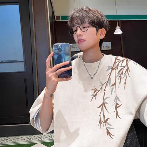 Trendy Print T-Shirt for Men - 2025 New Release, Loose Oversize Design, Unique Subculture National Trend, Suede Texture, Heavyweight Short Sleeve