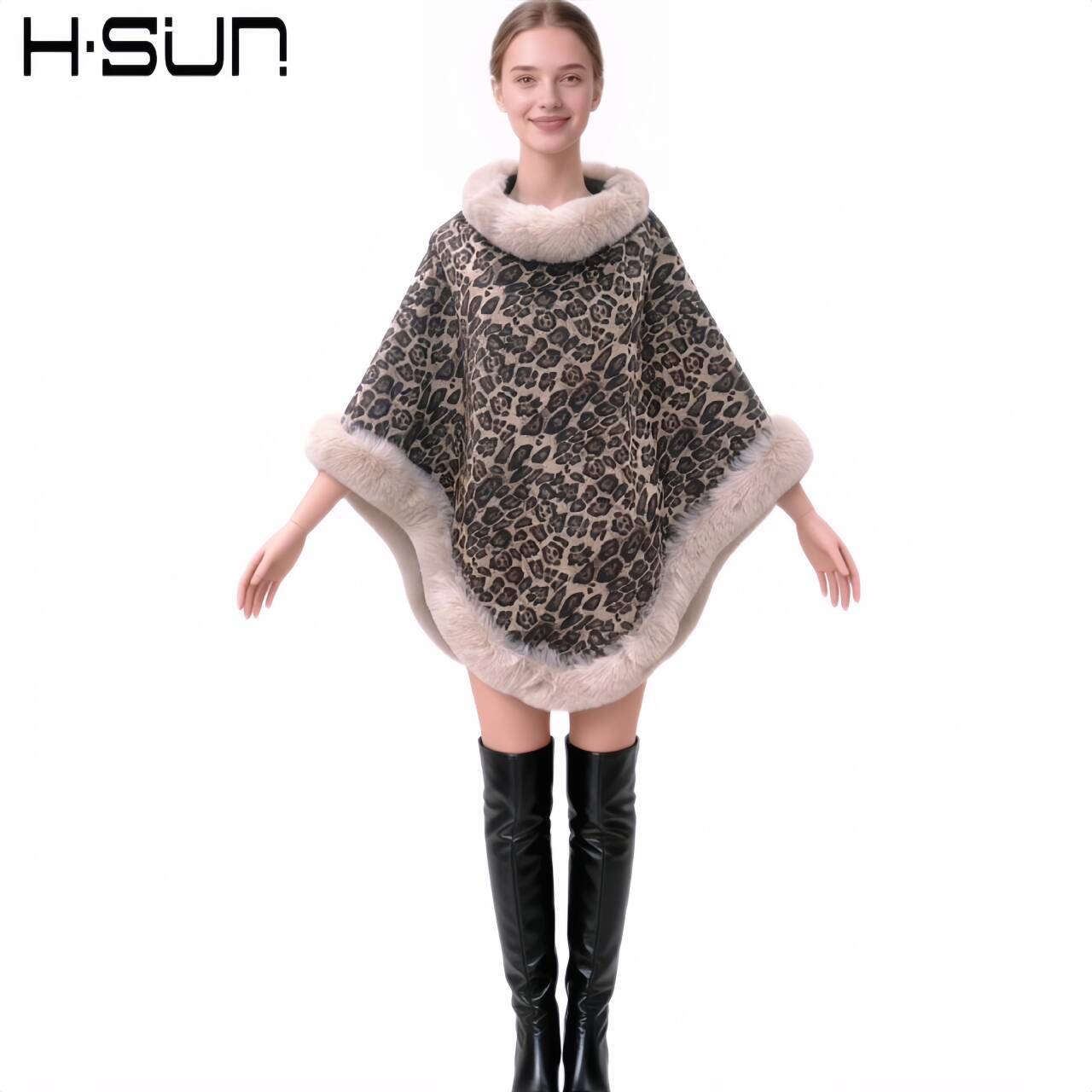 Capa estilo callejero europeo y americano con cuello de piel no extraíble, capa de punto con estampado de leopardo y cuello de piel.