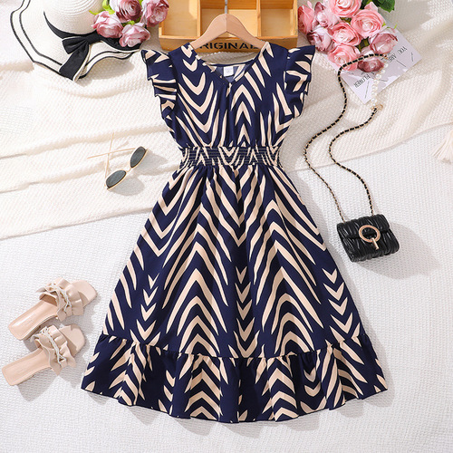 Girls' summer dress, new children's clothing, European and American style printed temperament sleeve dress for older children