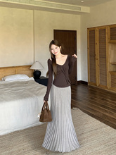 2025新款时尚套装气质绑带长袖T恤女秋季高腰显瘦半身长裙两件套