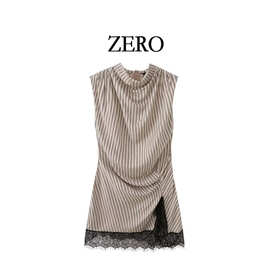 ZERO自制欧美风新款女装百搭无袖立领条纹蕾丝装饰迷你短款连衣裙