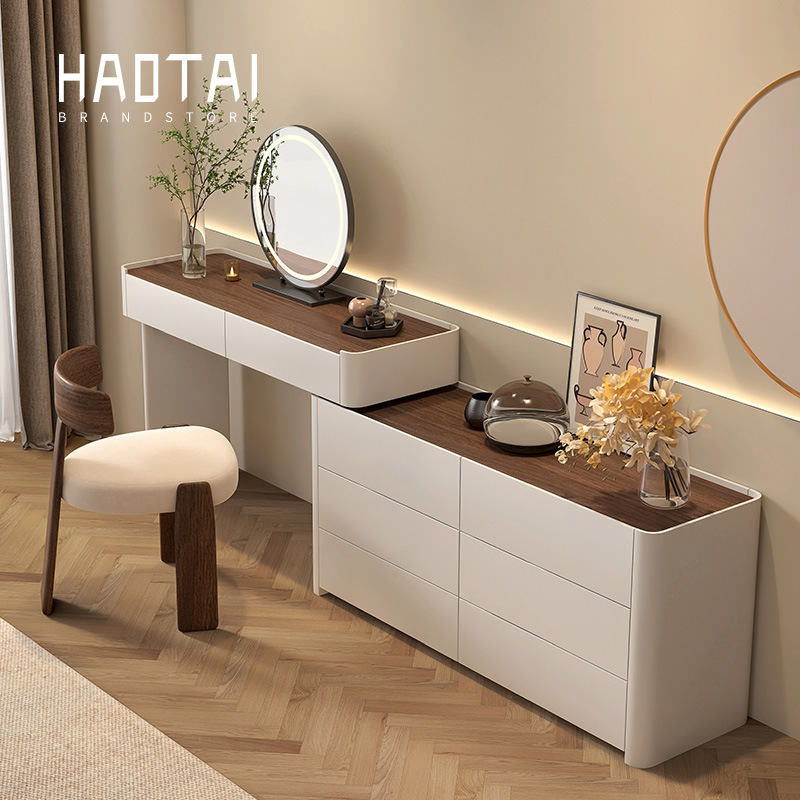 All Solid Wood Painted Dressing Table and Cupboard Integrated Italian Storage Cabinet Bedroom Wabi-Sabi Medieval Simple Bedside Dressing Table