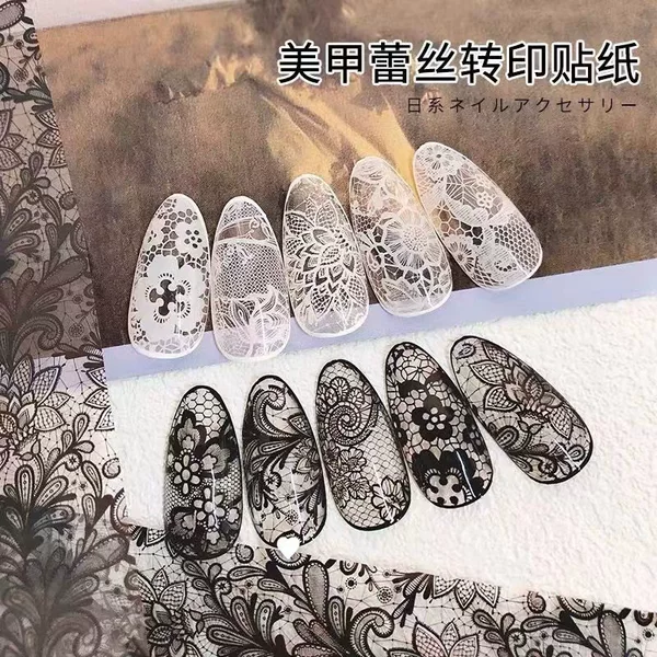 Cross-Border Manicure Beautiful Black and White Lace Transfer Paper Bottle Internet Celebrity Same Style