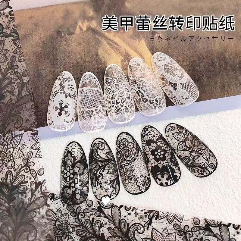 Cross-Border Manicure Beautiful Black and White Lace Transfer Paper Bottle Internet Celebrity Same Style