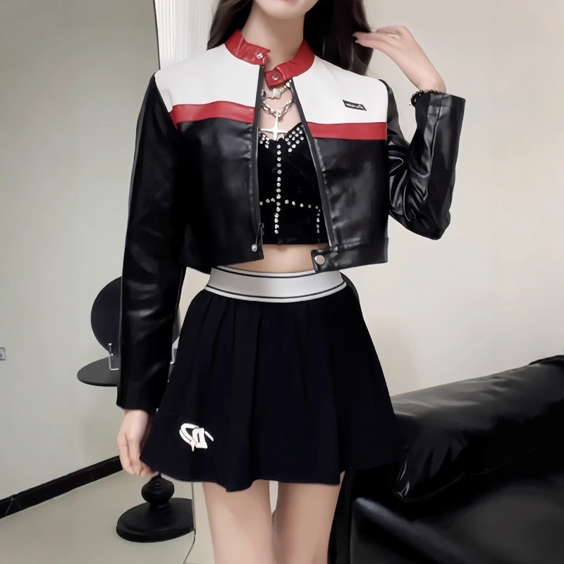 2025 Contrast Color Splicing Motorcycle Suit Bomber Jacket Short Jacket Women's Leather Jacket Foreign Trade Cross-Border Slim Cycling Suit