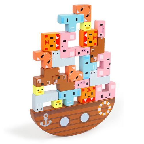 Wooden stacking high educational toy animal balance stacking high building block game balance boat children's educational toy