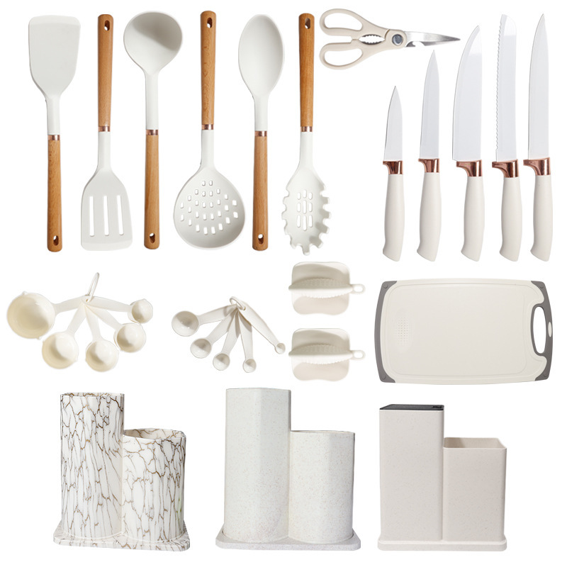 Pala de silicona, cuchara, juego de 26 piezas, pala de silicona de oro rosa, sartén antiadherente, pala de silicona de grado alimenticio, juego de utensilios de cocina de silicona