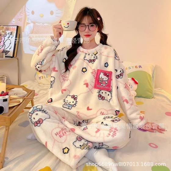 Autumn and Winter Flannel Pajamas Women's Crewneck Coral Fleece Cute fleece-lined Thickened Two-piece Home Clothes Cartoon Hair