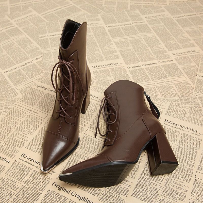 Simon Laine Stylish Pointed-Toe Slim Autumn and Winter Korean-Style Short Boots for Women, High Heels, 2026 New Spring and Autumn Single Boots, Chunky
