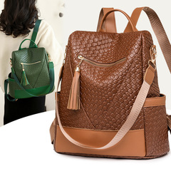 流蘇雙肩包女士2024新款時尚百搭復古防盜背包大容量軟皮旅行書包