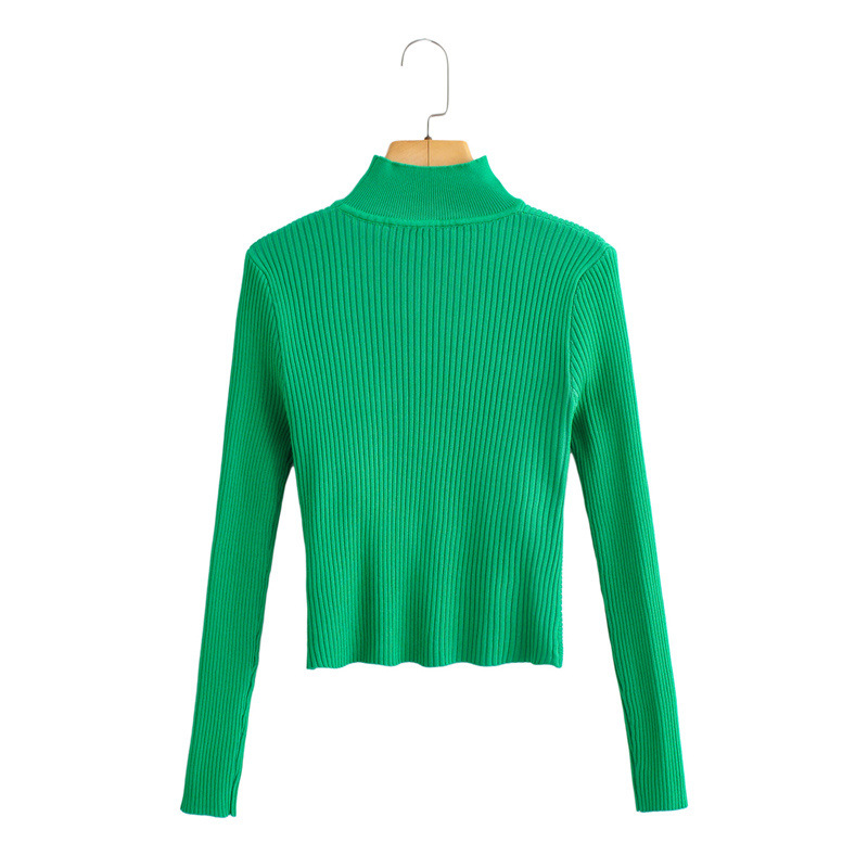 Stand-Up Collar Hollow V Neck Long Sleeve Cross Solid Color Knitted Sweater NSAM114814