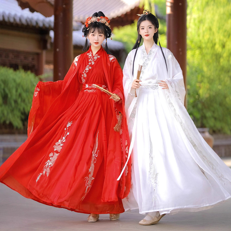 Original Wei-Jin Style Hanfu for Women, 2026 New Model, Ethereal and Flowing, Red, White, and Black Color Scheme, Cross-Collar, Unisex Couple's Daily Ancient Costume