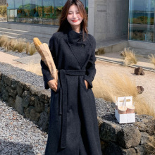 手缝手工双面羊绒大衣女  中长款单排扣系带纯色双面羊毛大衣