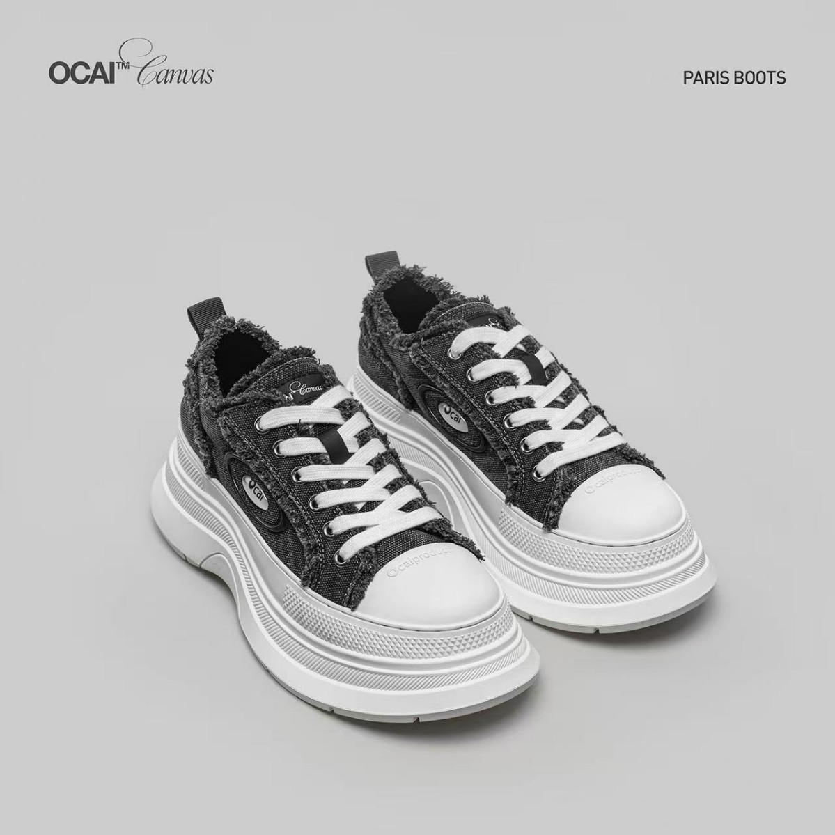 Women's Grey Platform Canvas Shoes Left Bank Retro High End Feel Casual Frayed Edge Boots With Height Increase_voghion.com