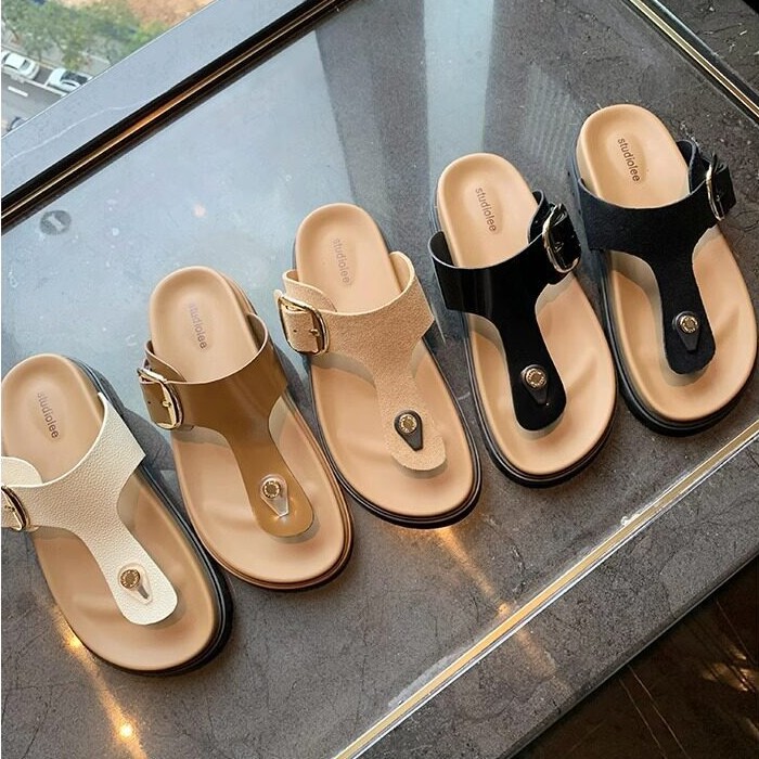 Grape Mom's Same Style Genuine Leather Thong Sandals with Adjustable Square Buckle, Flat Casual Flip-Flops for Women