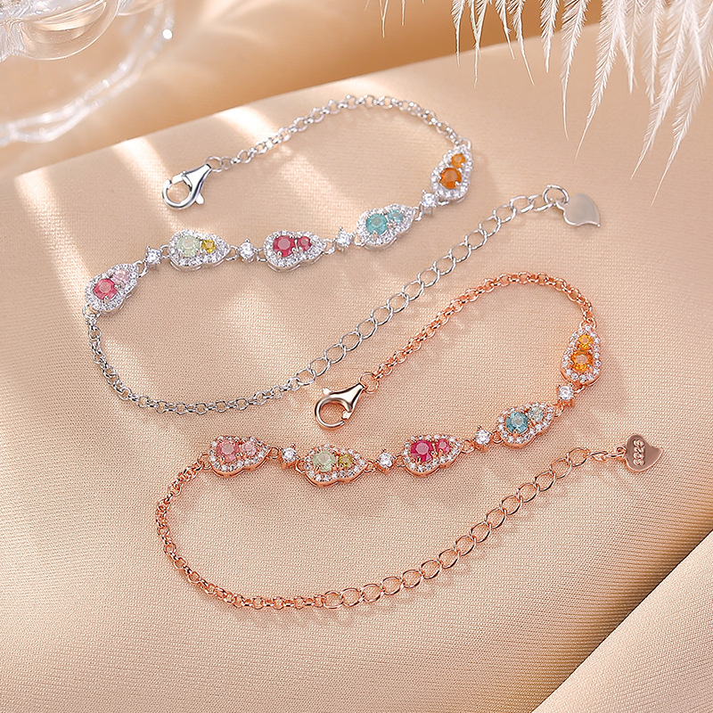Vòng tay nữ bạc S925 mạ vàng hồng đính tourmaline nhiều màu phong cách Trung Quốc — Mẫu bạc (màu tourmaline là ngẫu nhiên)